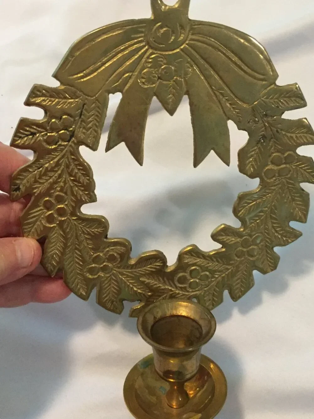2 Vintage Hosley International Solid Brass Christmas Wreath Wall Candle Sconce